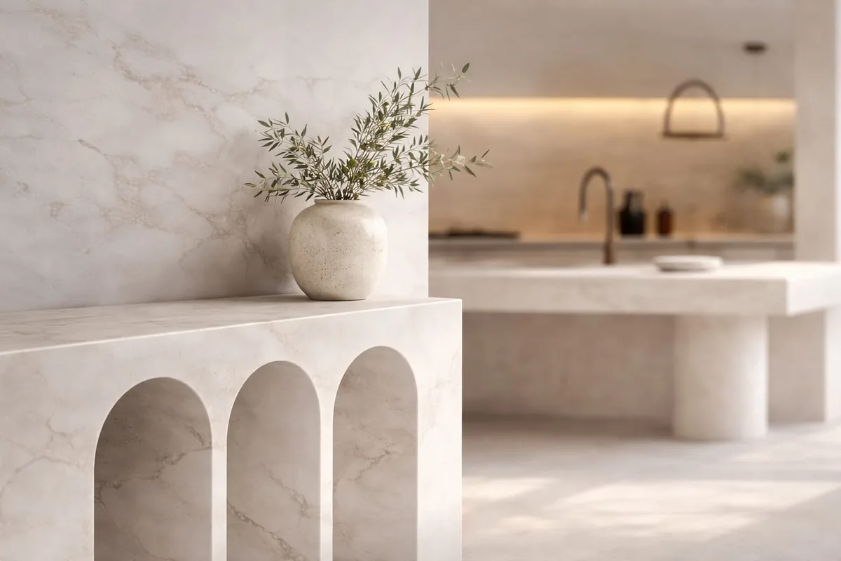 Arched stone console table with olive branch vase in a marble-clad kitchen